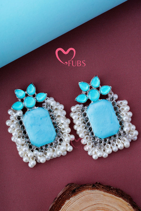 Blue Stone Cluster Pearl Elegance Earrings