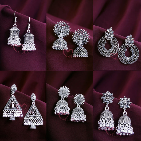 Set of 6 Embrace elegance Oxidized Jhumkas With Necklace and Hug Ring