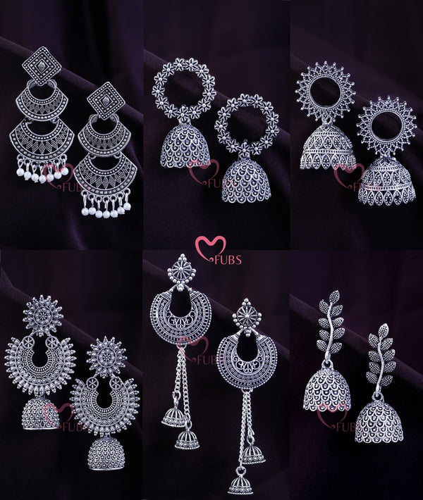 Set of 6 Graceful Oxidised Assortment Jhumkas with 4 FREE Gifts
