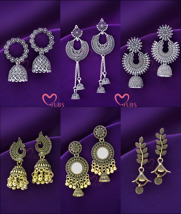 Set Of 6 Classy Mix & Match Earrings Combo With 4 Free Rings