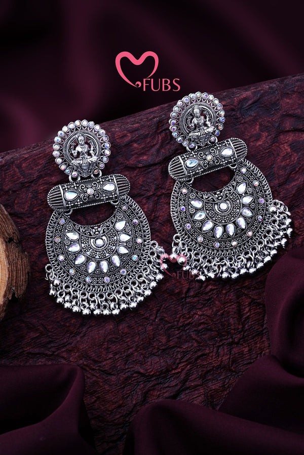 Oxidized Stone Studded Sarasvati Chandbali Earrings