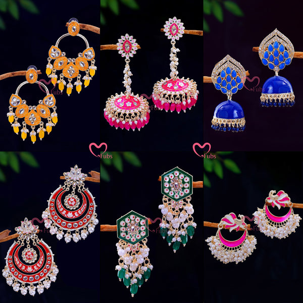 Elite Designer Set of 6 Colorful Jhumkas - Premium With Evil Eye Bracelet