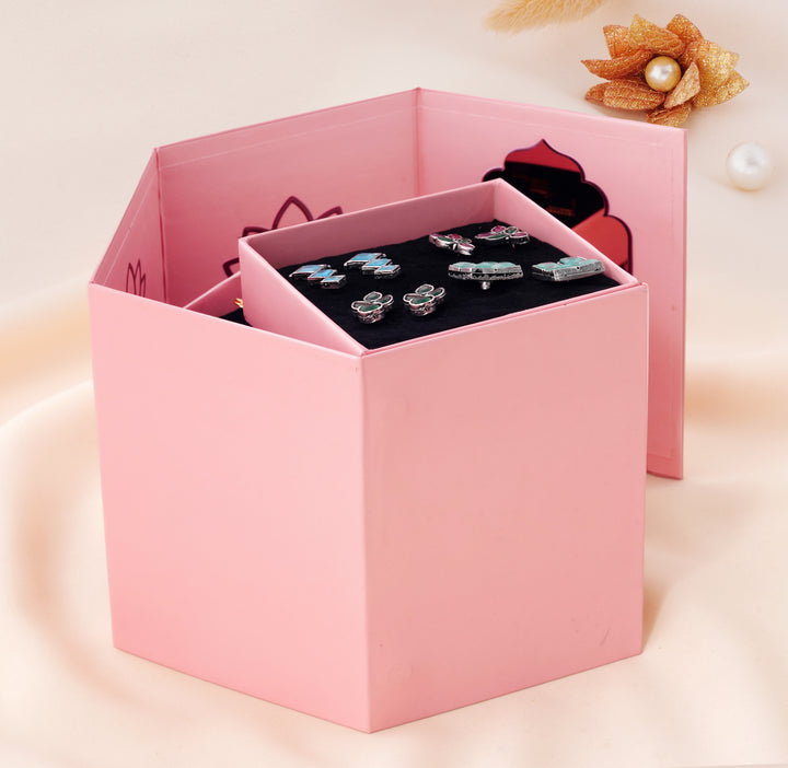 Pink Folding Mirror Box with 16 Pairs of Earrings