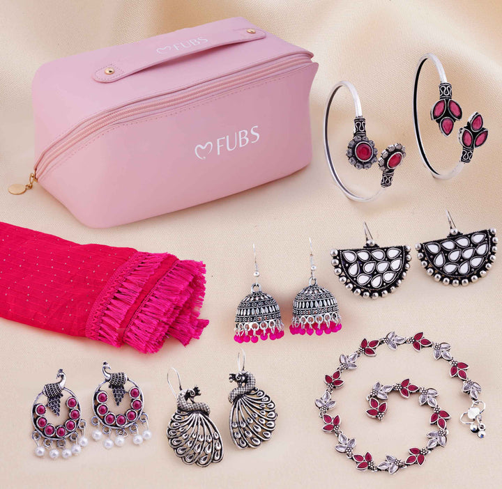 FUBS Purse of Surprises – Pink Dupatta, Jaipuri Earrings, Oxidised Kada & Bracelet