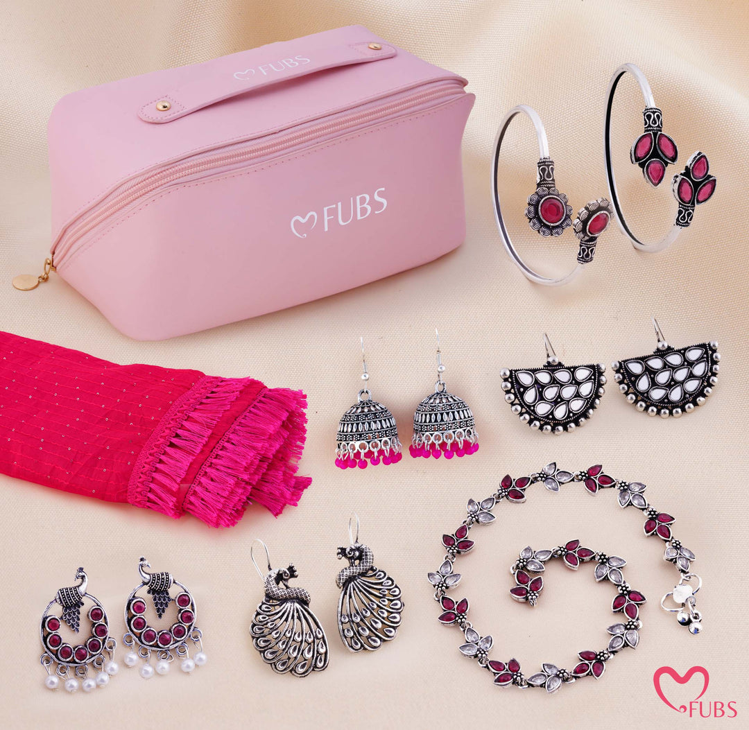 FUBS Purse of Surprises – Pink Dupatta, Jaipuri Earrings, Oxidised Kada & Bracelet