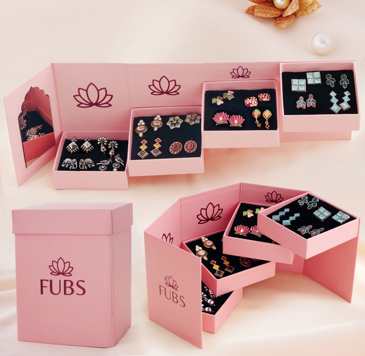 Pink Folding Mirror Box with 16 Pairs of Earrings