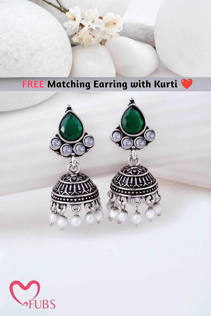 Amber Earth: Paisley Print Short Kurti with Jaipuri Emerald Jhumkas
