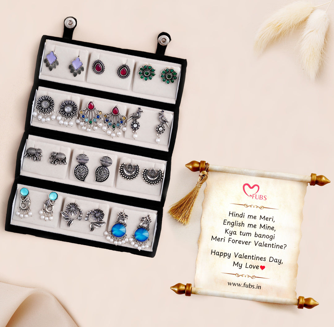 Set Of 12 Oxidized Designer Stud Earrings With Folding Jewelry Box
