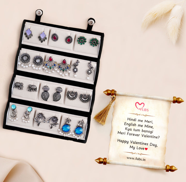 Set Of 12 Oxidized Designer Stud Earrings With Folding Jewelry Box