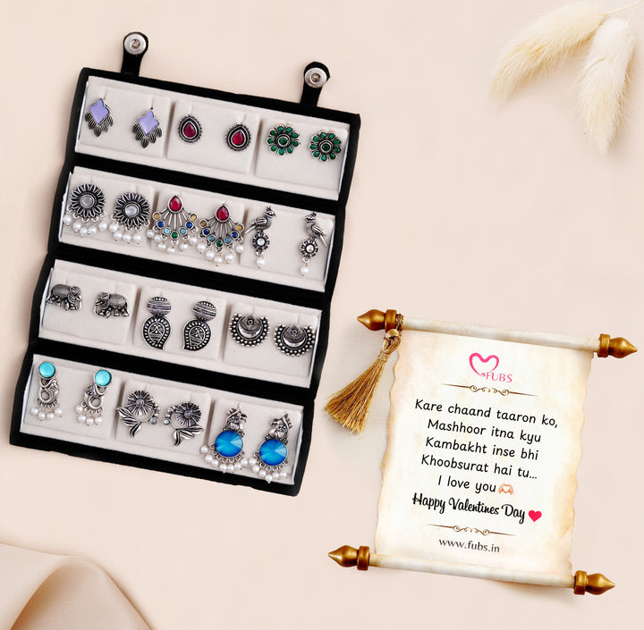 Set Of 12 Oxidized Designer Stud Earrings With Folding Jewelry Box