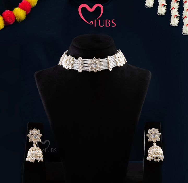 Traditional White Pearl Choker Necklace Set with Gold Jhumka Earrings