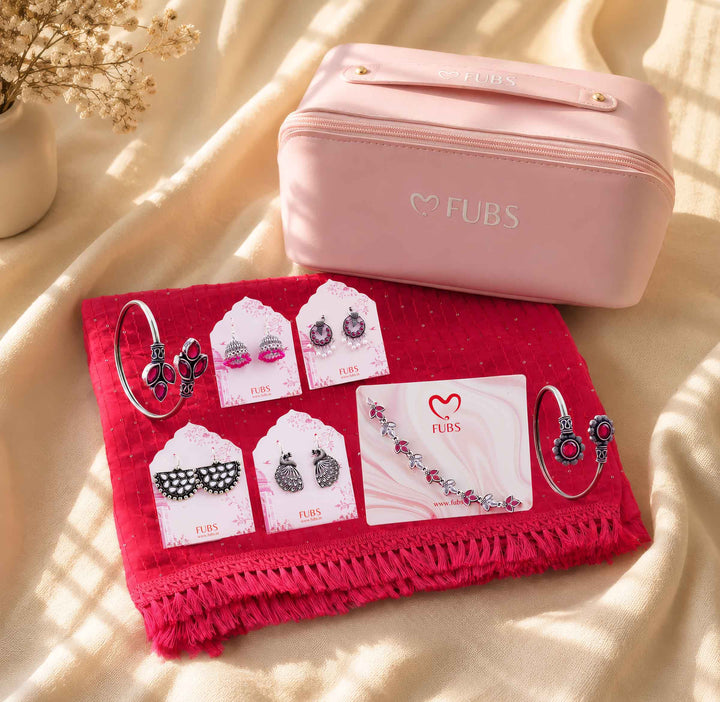 FUBS Purse of Surprises – Pink Dupatta, Jaipuri Earrings, Oxidised Kada & Bracelet