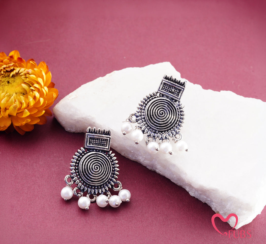 Oxidized Spiral Earrings with Pearl Drops