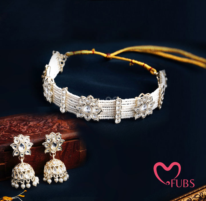 Traditional White Pearl Choker Necklace Set with Gold Jhumka Earrings