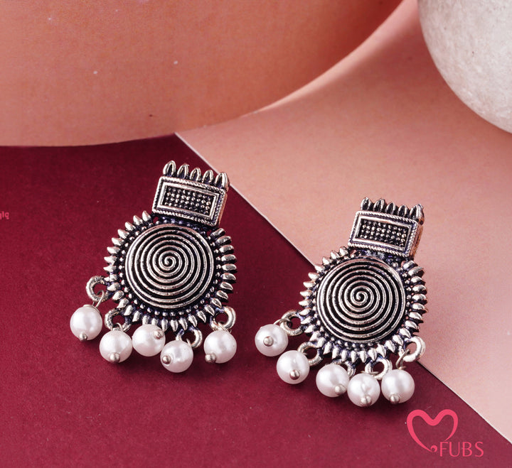 Oxidized Spiral Earrings with Pearl Drops