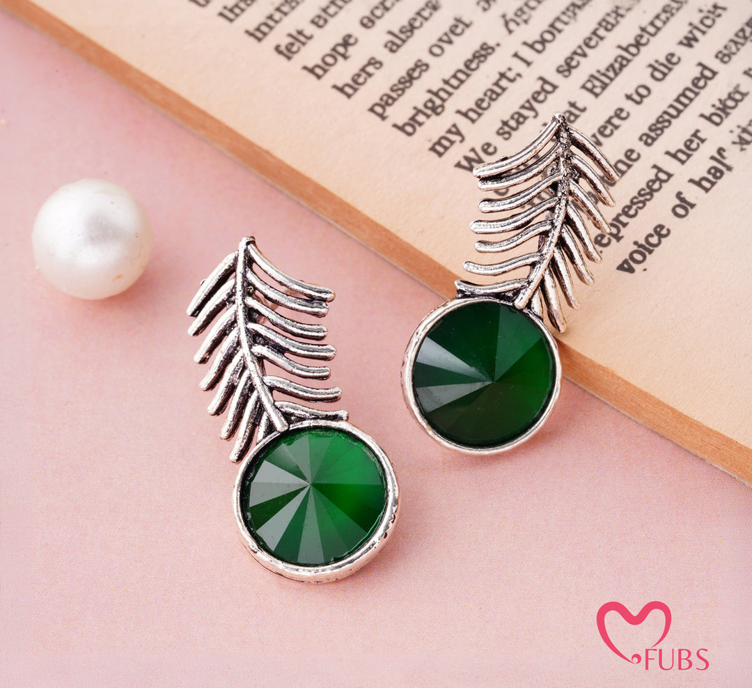 Fern Leaf Earrings with Green Stone