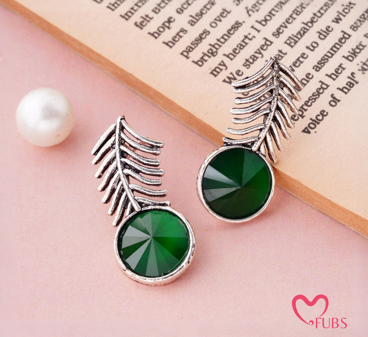 Fern Leaf Earrings with Green Stone