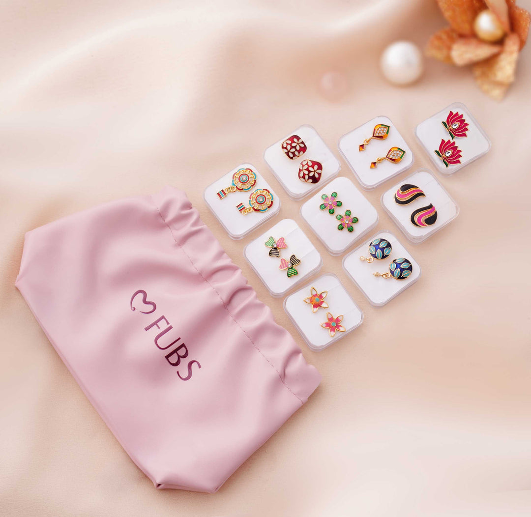 9 Pairs Cute Meenakari Stud Earrings Set with Pouch