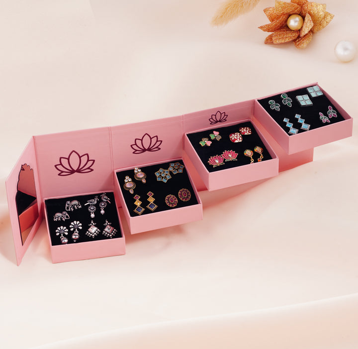 Pink Folding Mirror Box with 16 Pairs of Earrings