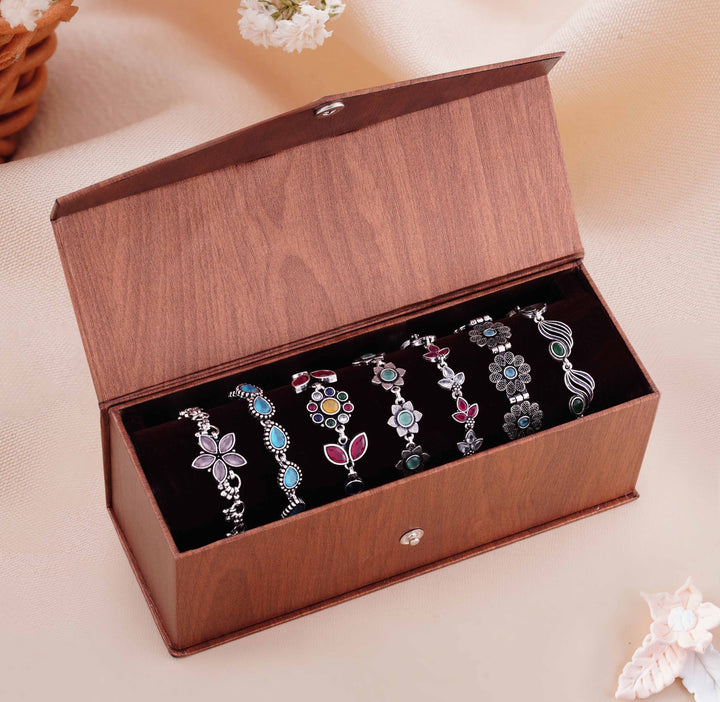 Set of 7 Oxidised Jaipuri Bracelets in a Wood-Finish Roller Box