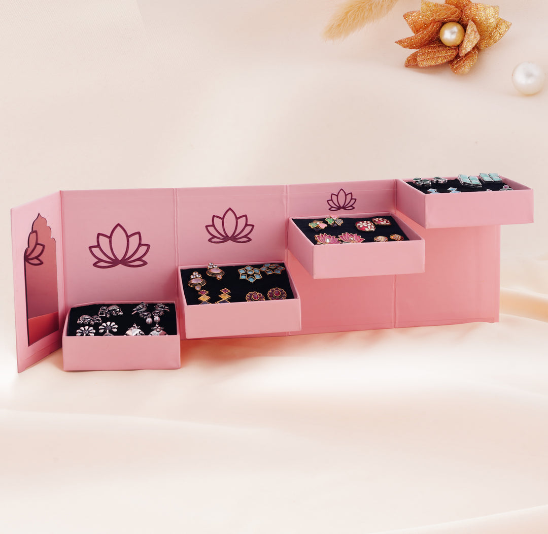 Pink Folding Mirror Box with 16 Pairs of Earrings