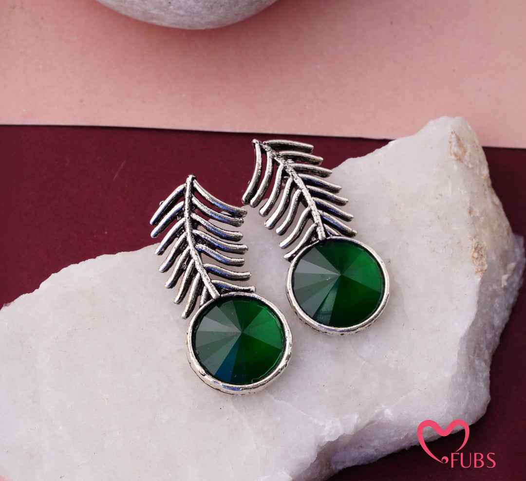 Fern Leaf Earrings with Green Stone