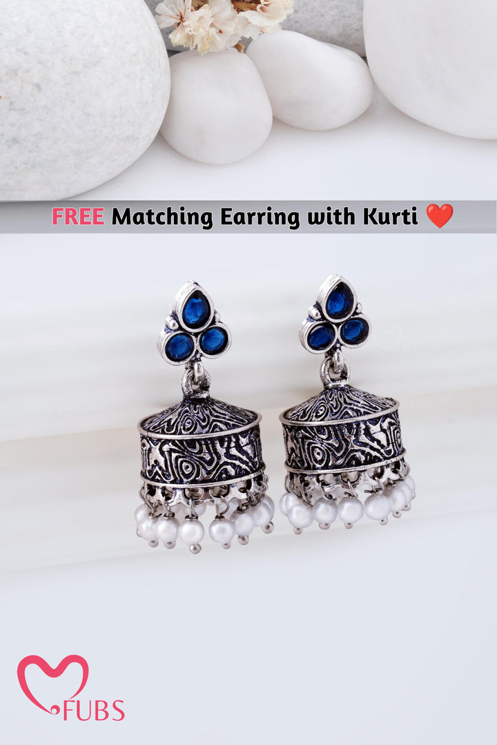 Indigo Corset Kurti with Pearl-Drop Jaipuri Jhumkas