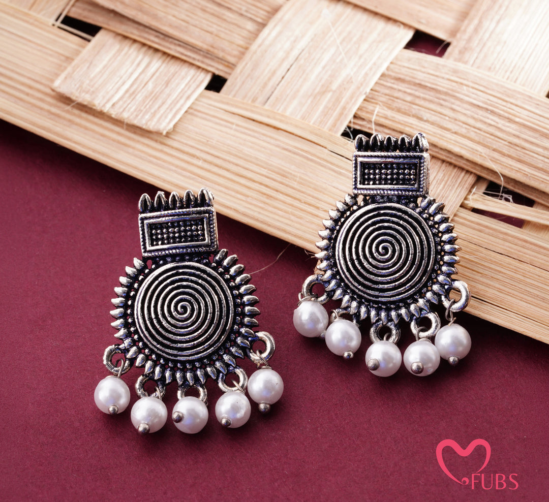 Oxidized Spiral Earrings with Pearl Drops