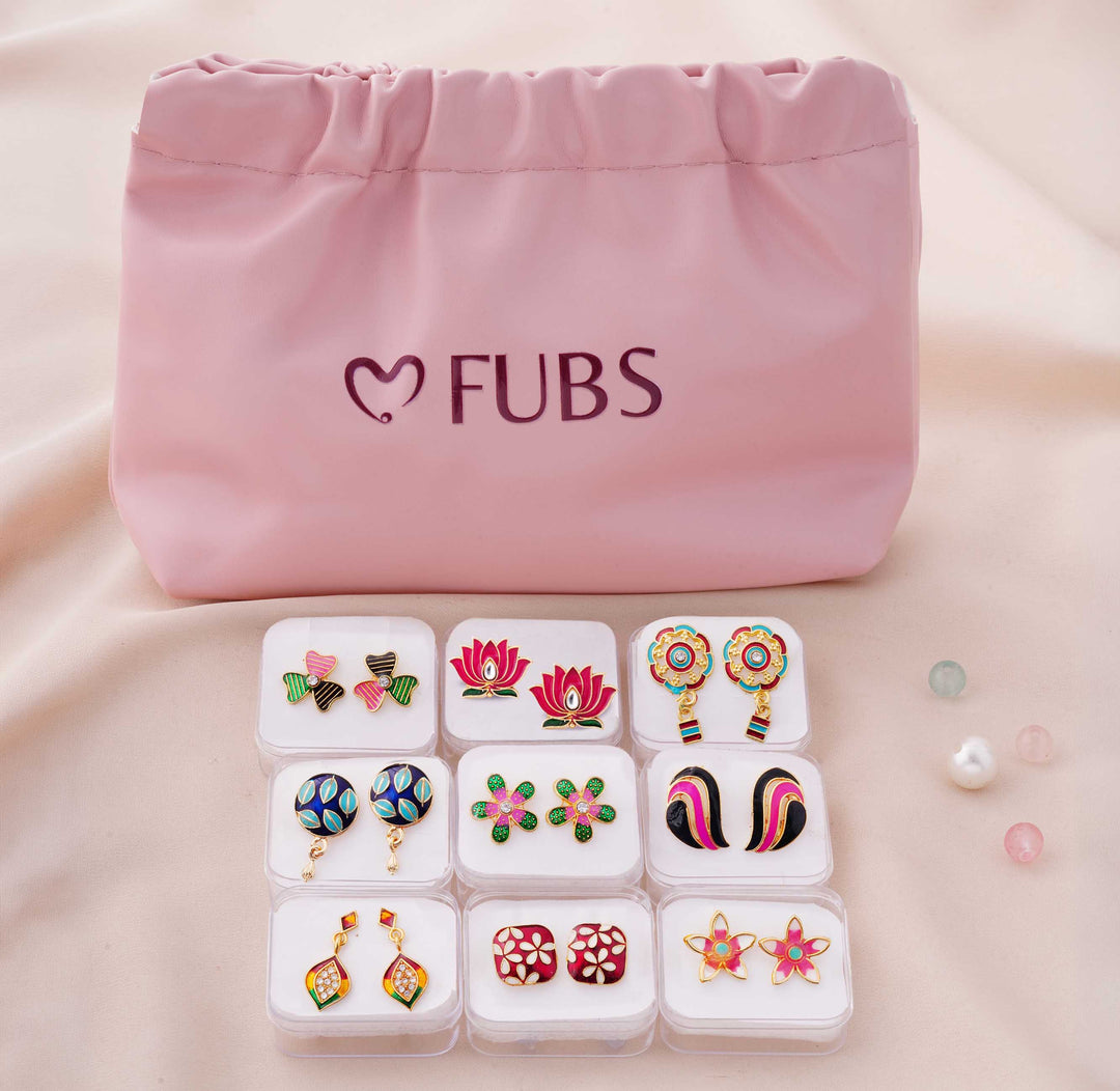 9 Pairs Cute Meenakari Stud Earrings Set with Pouch