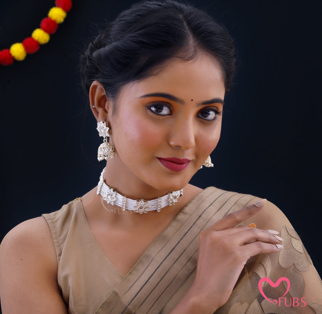 Traditional White Pearl Choker Necklace Set with Gold Jhumka Earrings