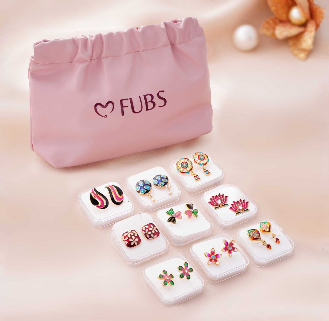 9 Pairs Cute Meenakari Stud Earrings Set with Pouch