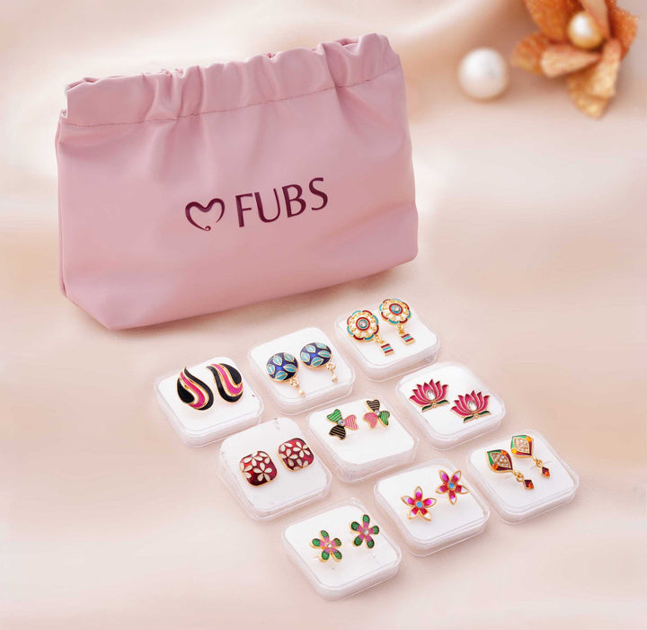 9 Pairs Cute Meenakari Stud Earrings Set with Pouch