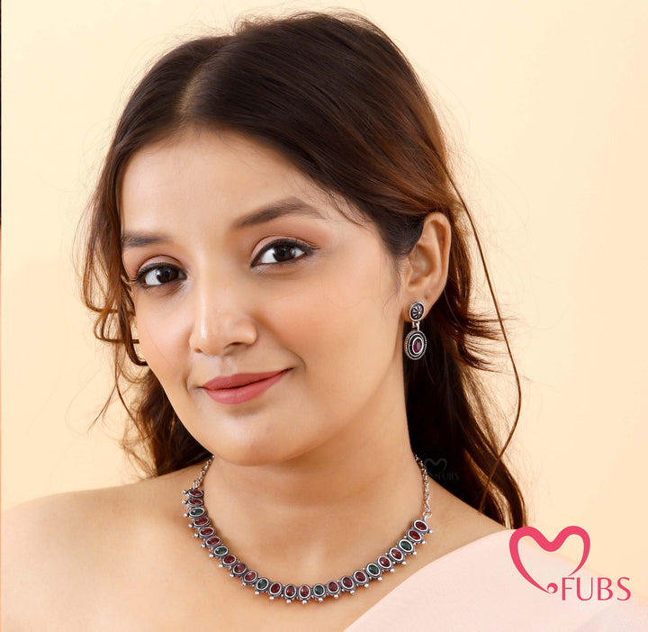 Oxidized Oval Stone Choker Set with Statement Earrings