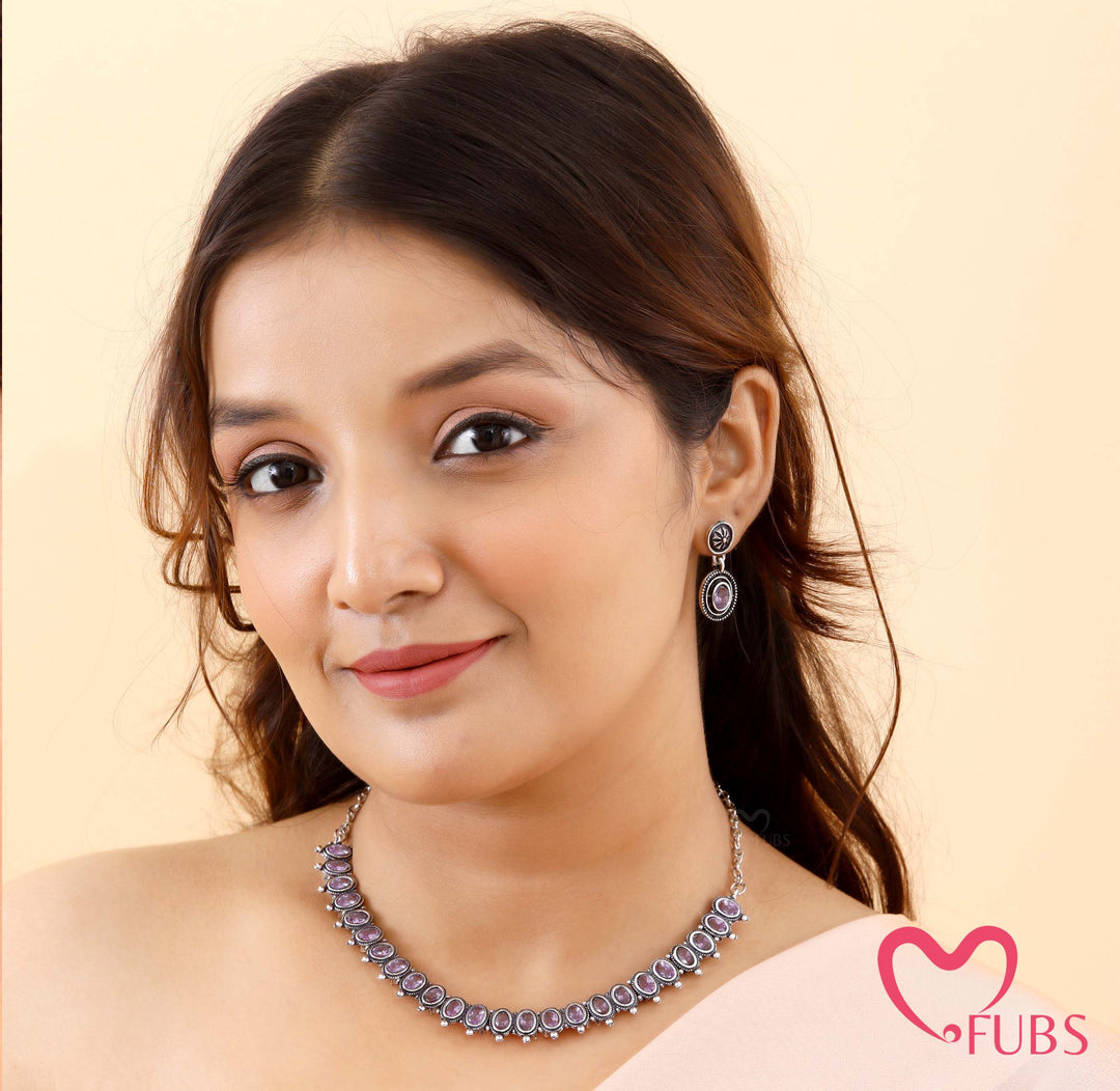 Oxidized Oval Stone Choker Set with Statement Earrings