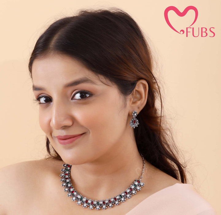 Oxidized Dual-Stone Choker Necklace Set with Floral Earrings