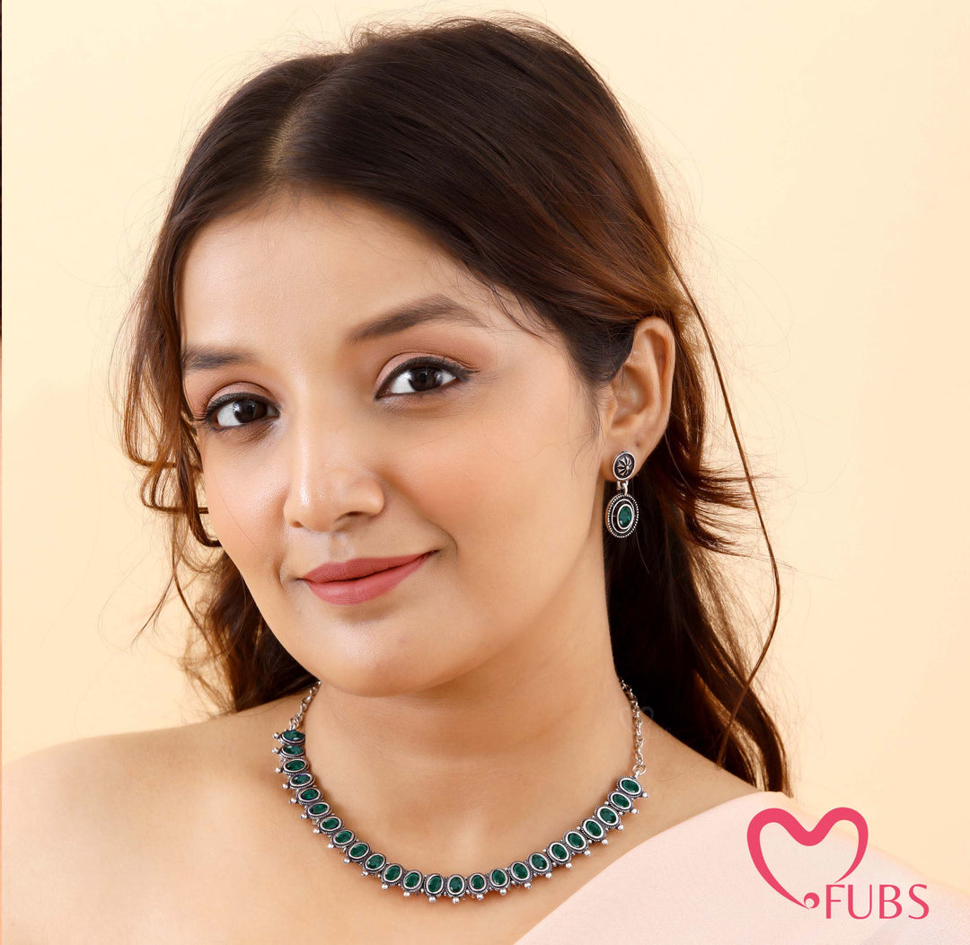 Oxidized Oval Stone Choker Set with Statement Earrings