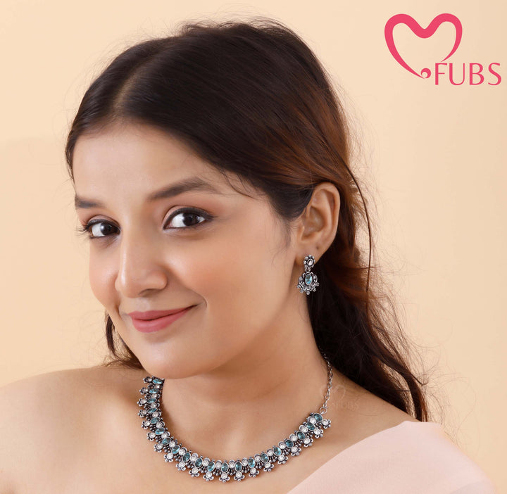 Oxidized Dual-Stone Choker Necklace Set with Floral Earrings