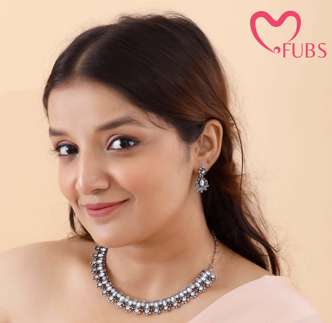 Oxidized Dual-Stone Choker Necklace Set with Floral Earrings