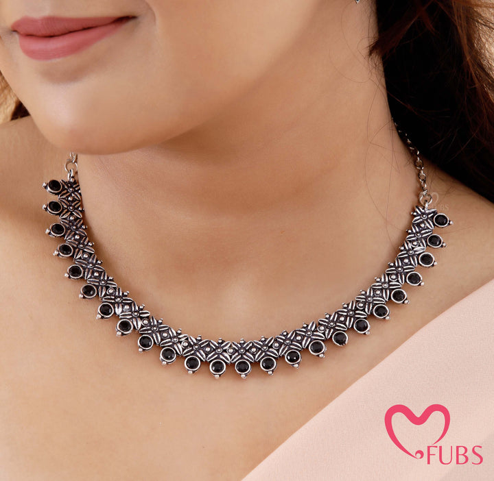 Floral Pattern Oxidized Choker Set with Earrings