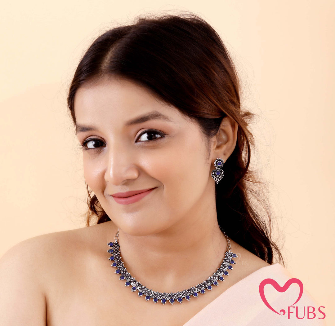 Floral Pattern Oxidized Choker Set with Earrings