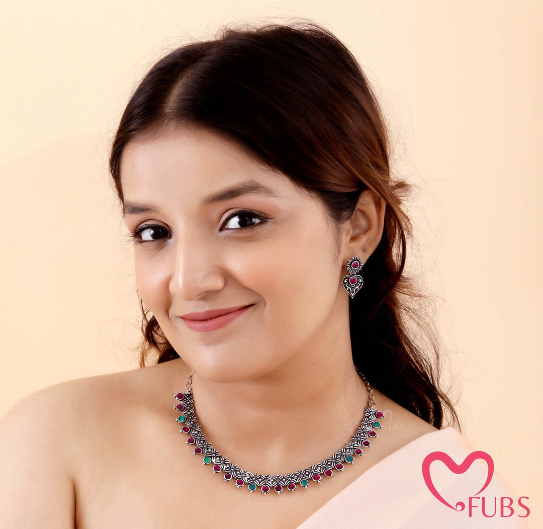 Floral Pattern Oxidized Choker Set with Earrings