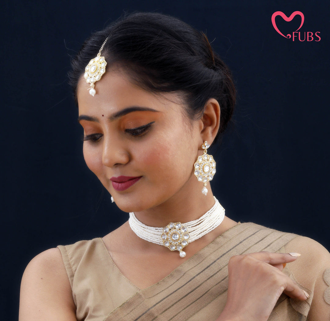 Kundan & Pearl Choker Jewelry Set with Maang Tikka