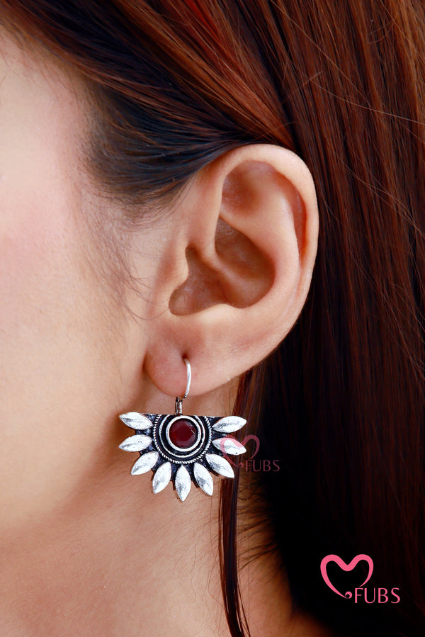 Stone Studded Oxidized Half Sunflower Earrings