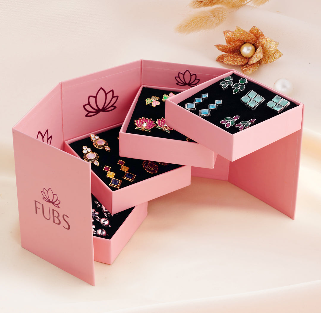 Pink Folding Mirror Box with 16 Pairs of Earrings