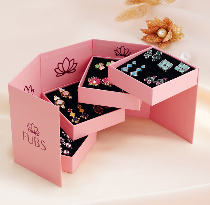 Pink Folding Mirror Box with 16 Pairs of Earrings
