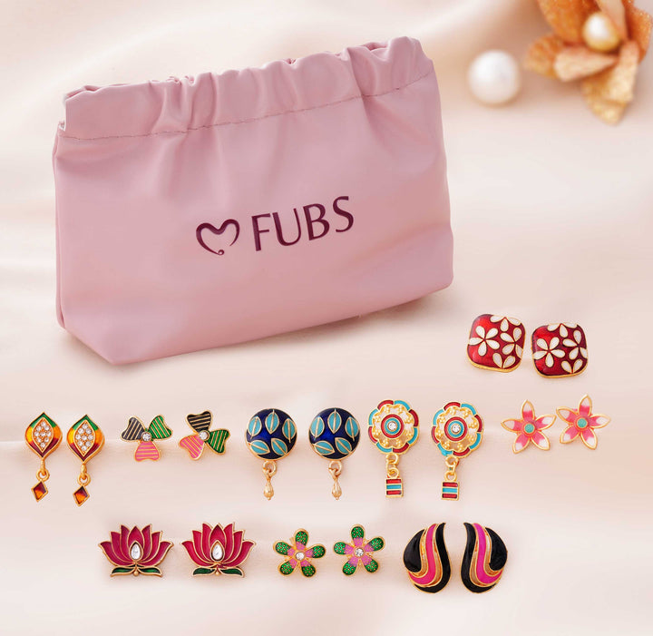 9 Pairs Cute Meenakari Stud Earrings Set with Pouch