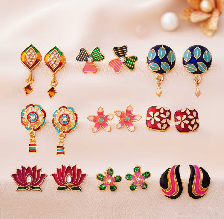 9 Pairs Cute Meenakari Stud Earrings Set with Pouch