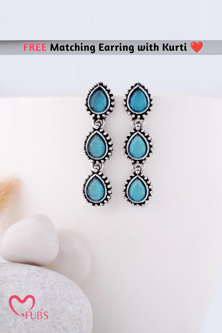 Floral Yellow Crop Shirt with Blue Drop Oxidised Jhumkas