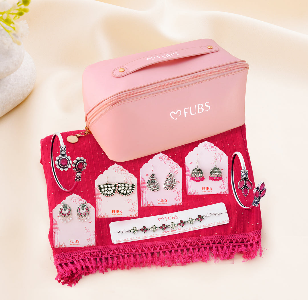 FUBS Purse of Surprises – Pink Dupatta, Jaipuri Earrings, Oxidised Kada & Bracelet
