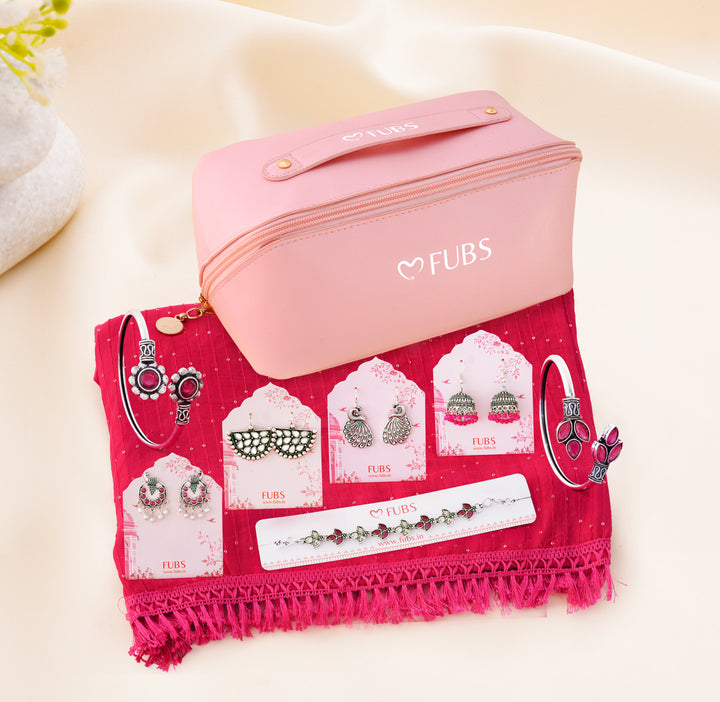 FUBS Purse of Surprises – Pink Dupatta, Jaipuri Earrings, Oxidised Kada & Bracelet